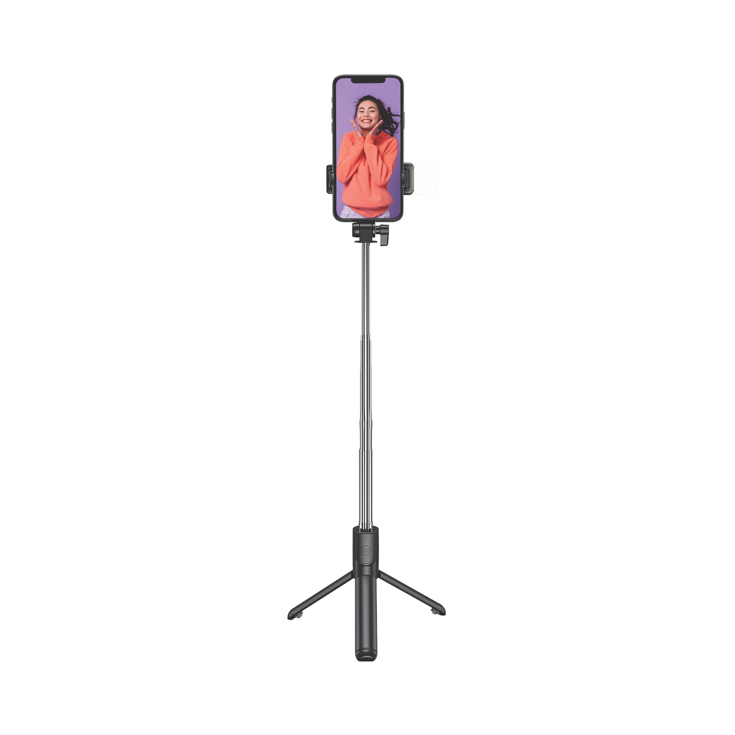 Juice Social 4 in 1 Selfie Stick, phone held vertically in C Clamp on extended tri-pod.