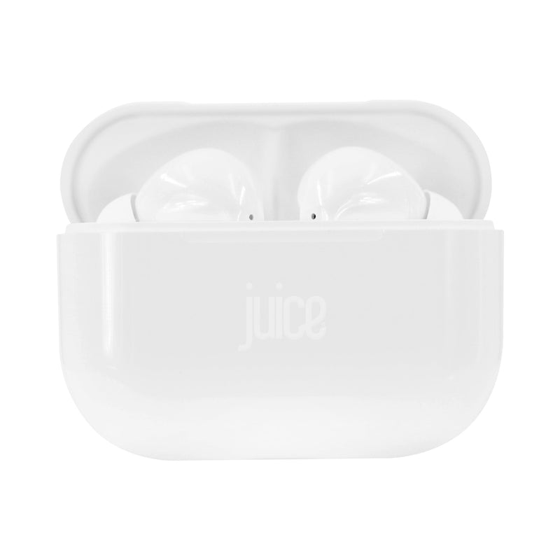 Juice Airphones Go Wireless Headphones in White sat in Charging Case