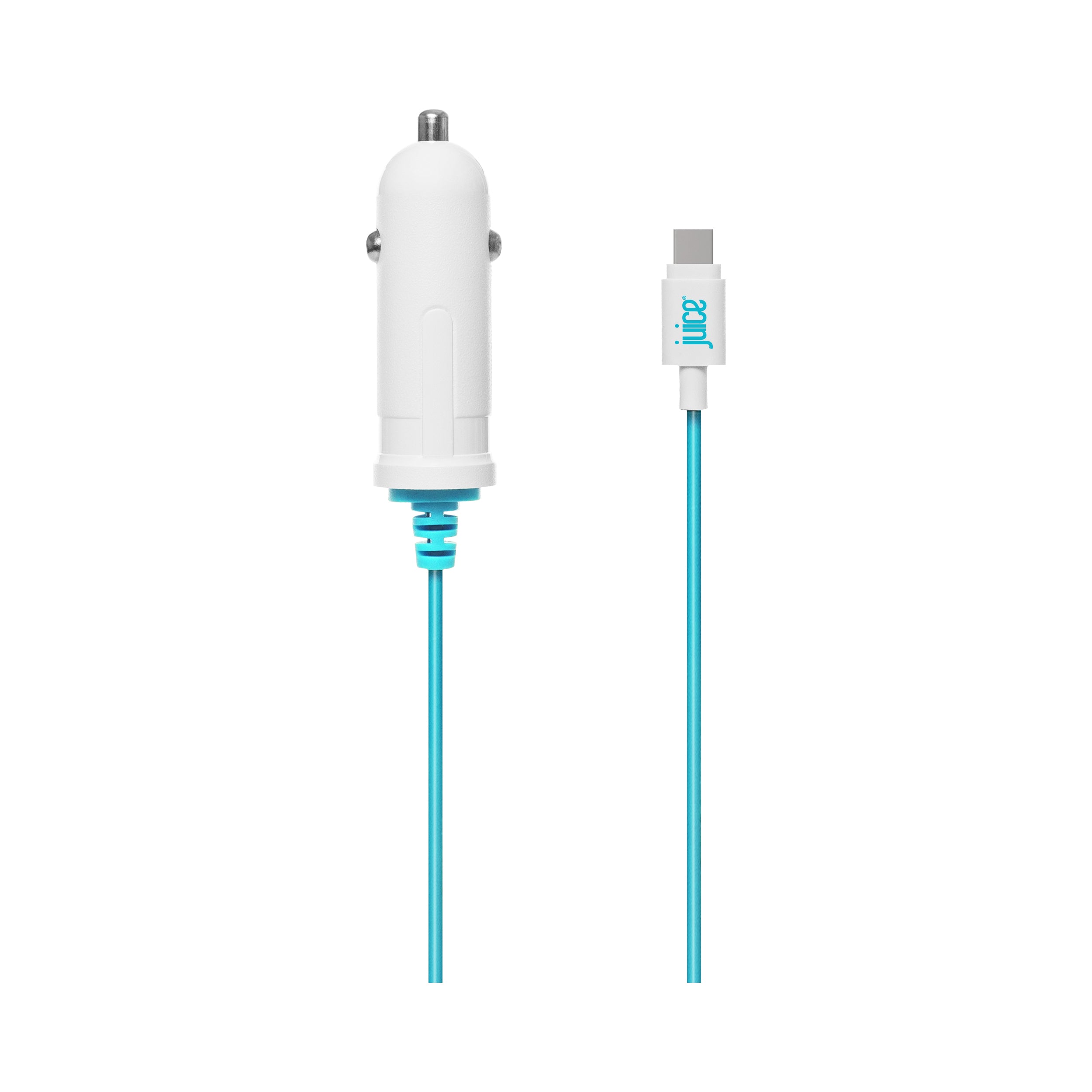 Juice 2.4 Amp USB Type-C Car Charger in White with Blue Integrated Cable Birds Eye View
