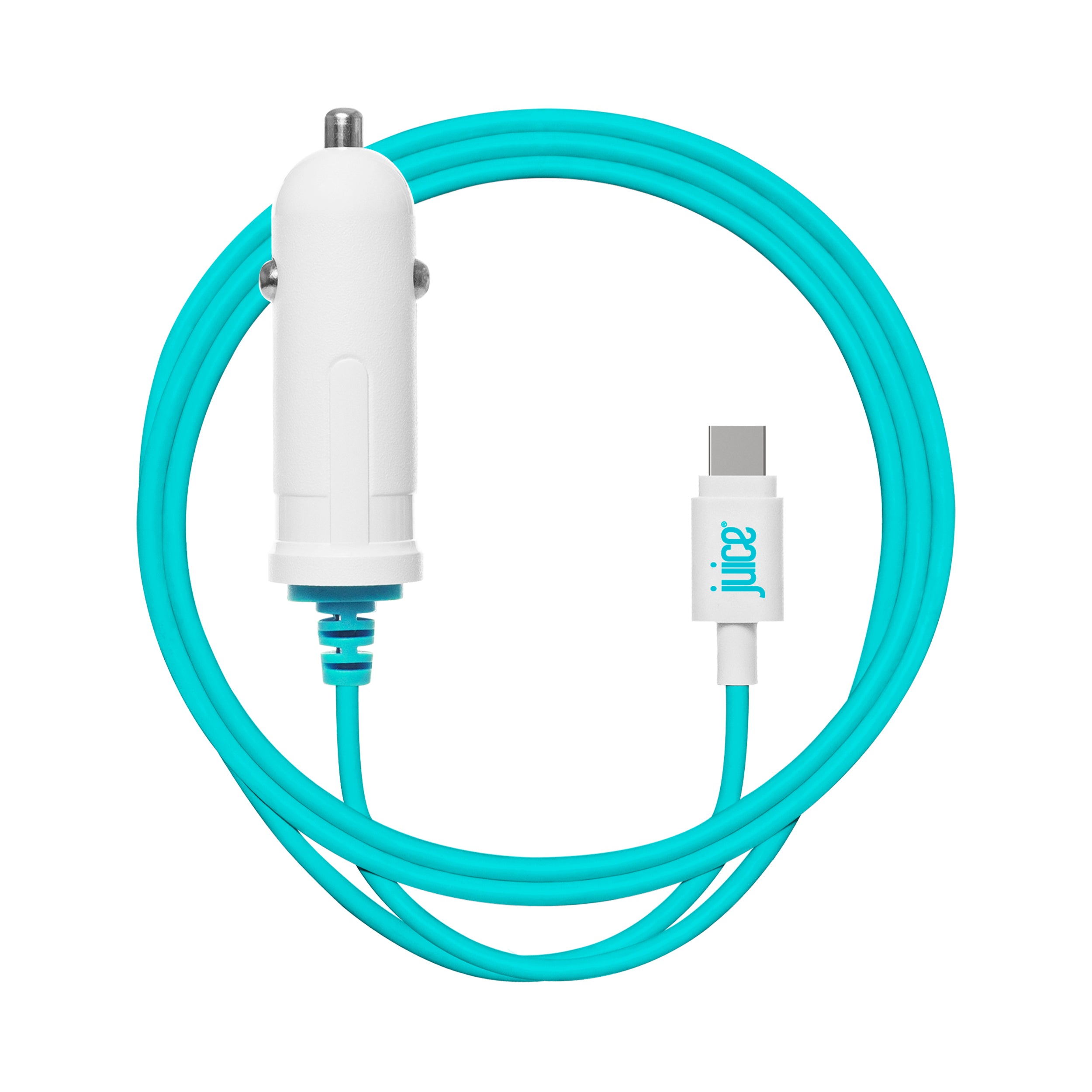 Juice 2.4 Amp USB Type-C Car Charger in White with Blue Integrated Coiled Cable