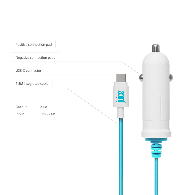 Juice 2.4 Amp USB Type-C Car Charger and Cable annotated instructions