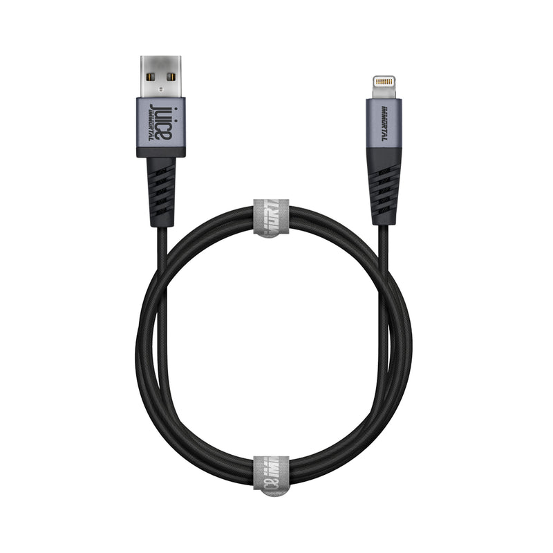 Juice Immortal MFI Approved Armoured Apple Lightning Cable in Black Colour 2 Metre Length Wrapped Up
