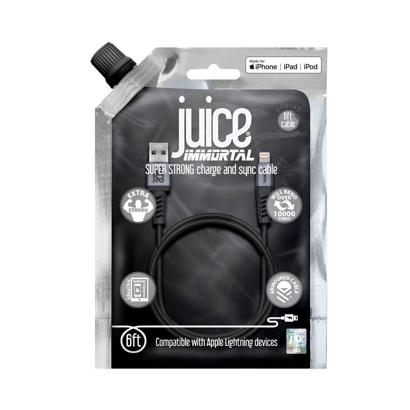 Juice Immortal MFI Approved Armoured Apple Lightning Cable in Black Colour 2 Metre Length in Packaging