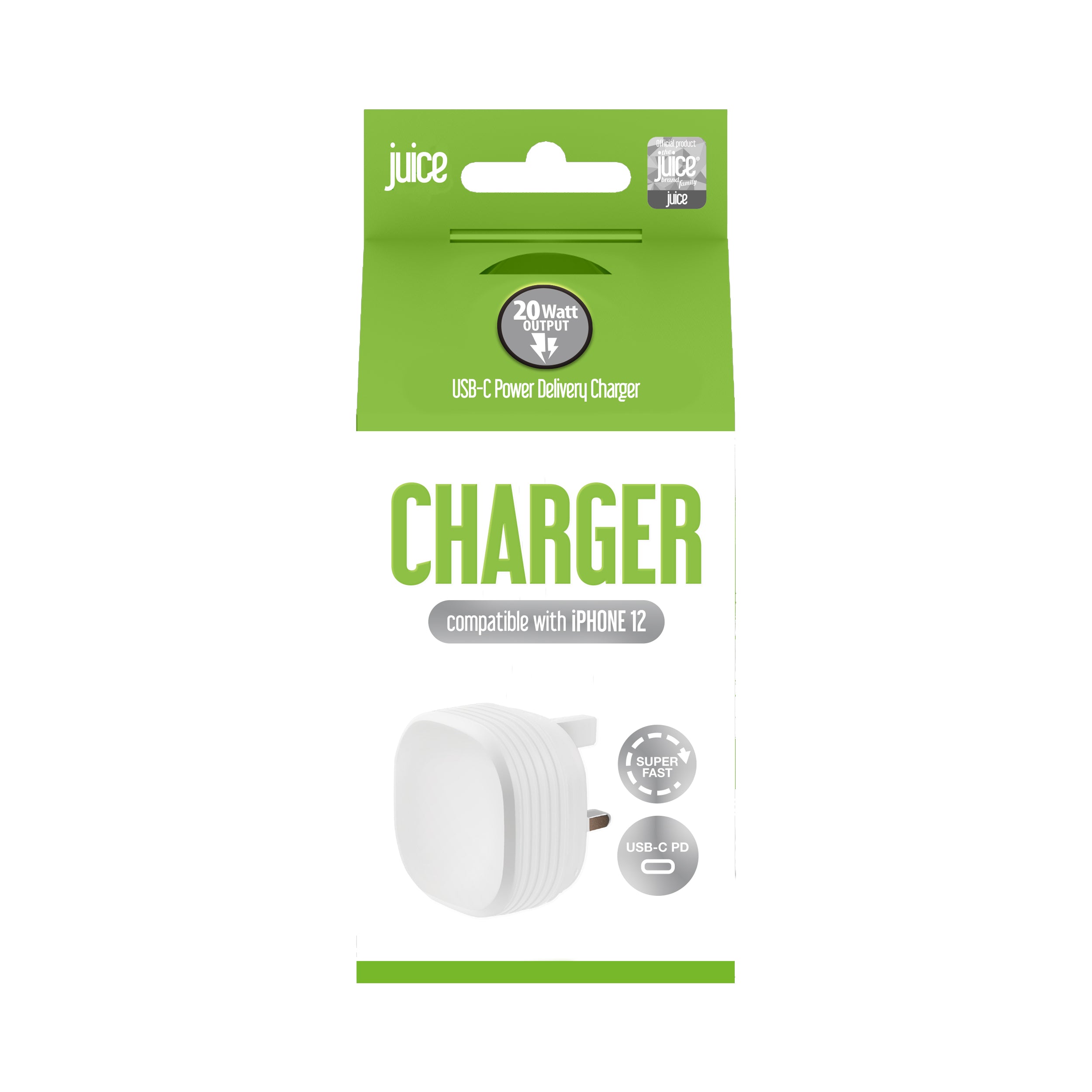 Juice 20 Watt USB Type-C Charger Plug compatible with iPhone 12 Carton Packaging