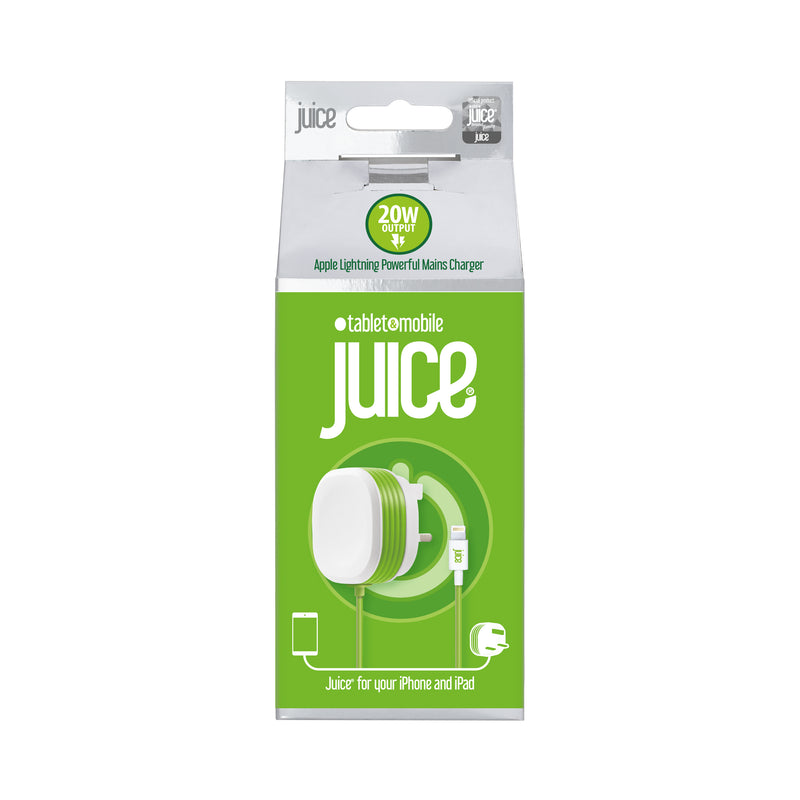 Juice 20 Watt Apple Lightning Charger Plug and Cable Carton Packaging and Front View