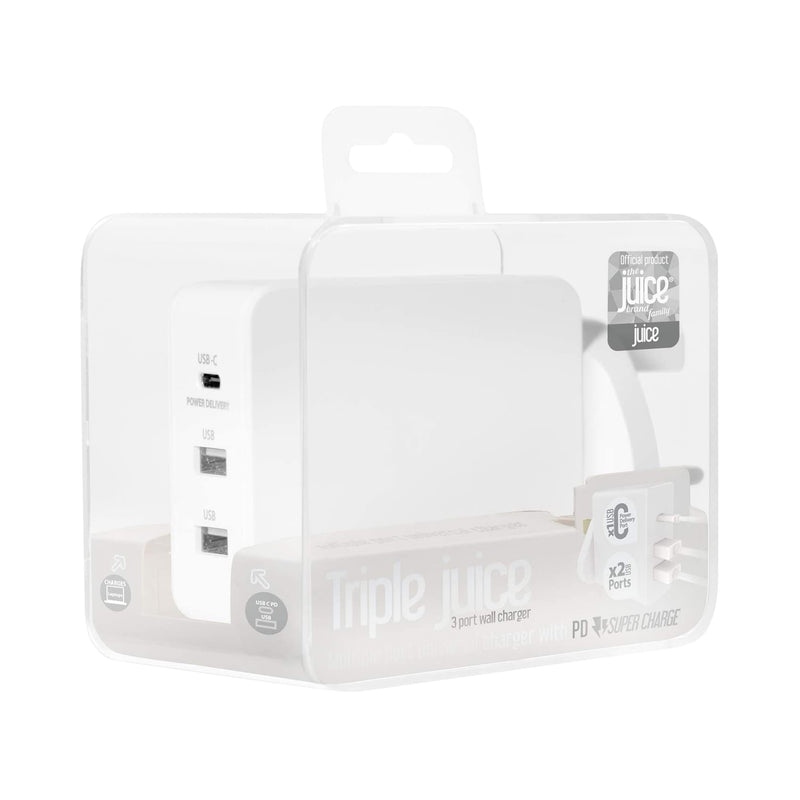 Juice Triple Juice 3.1Amp 3 Port Mains Charger Plug with USB-C Port