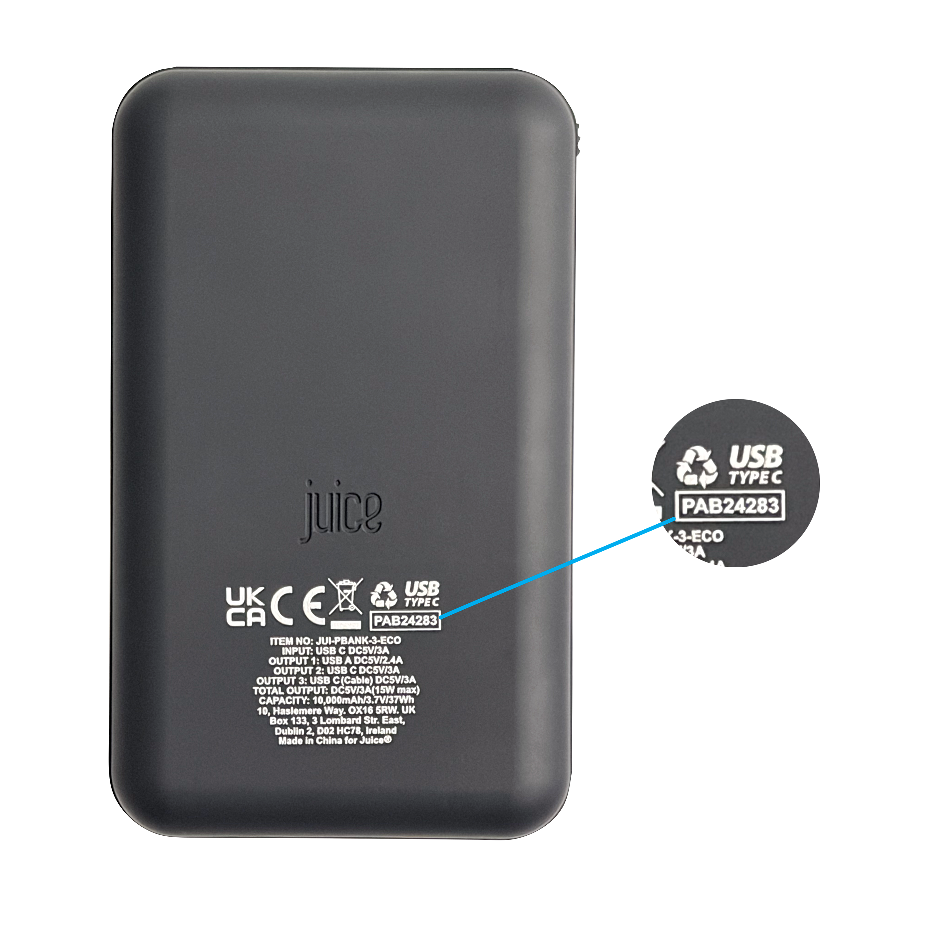 Back of a power bank with a close-up showing the batch code near the safety symbols